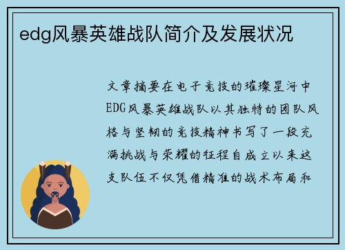 edg风暴英雄战队简介及发展状况
