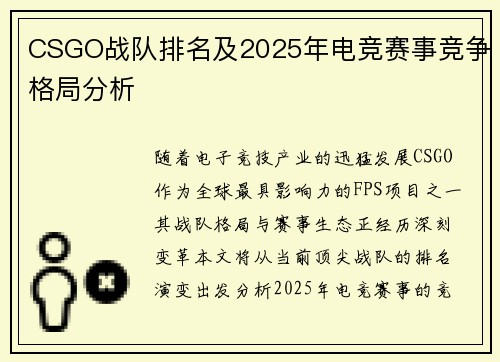 CSGO战队排名及2025年电竞赛事竞争格局分析