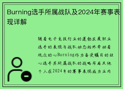 Burning选手所属战队及2024年赛事表现详解